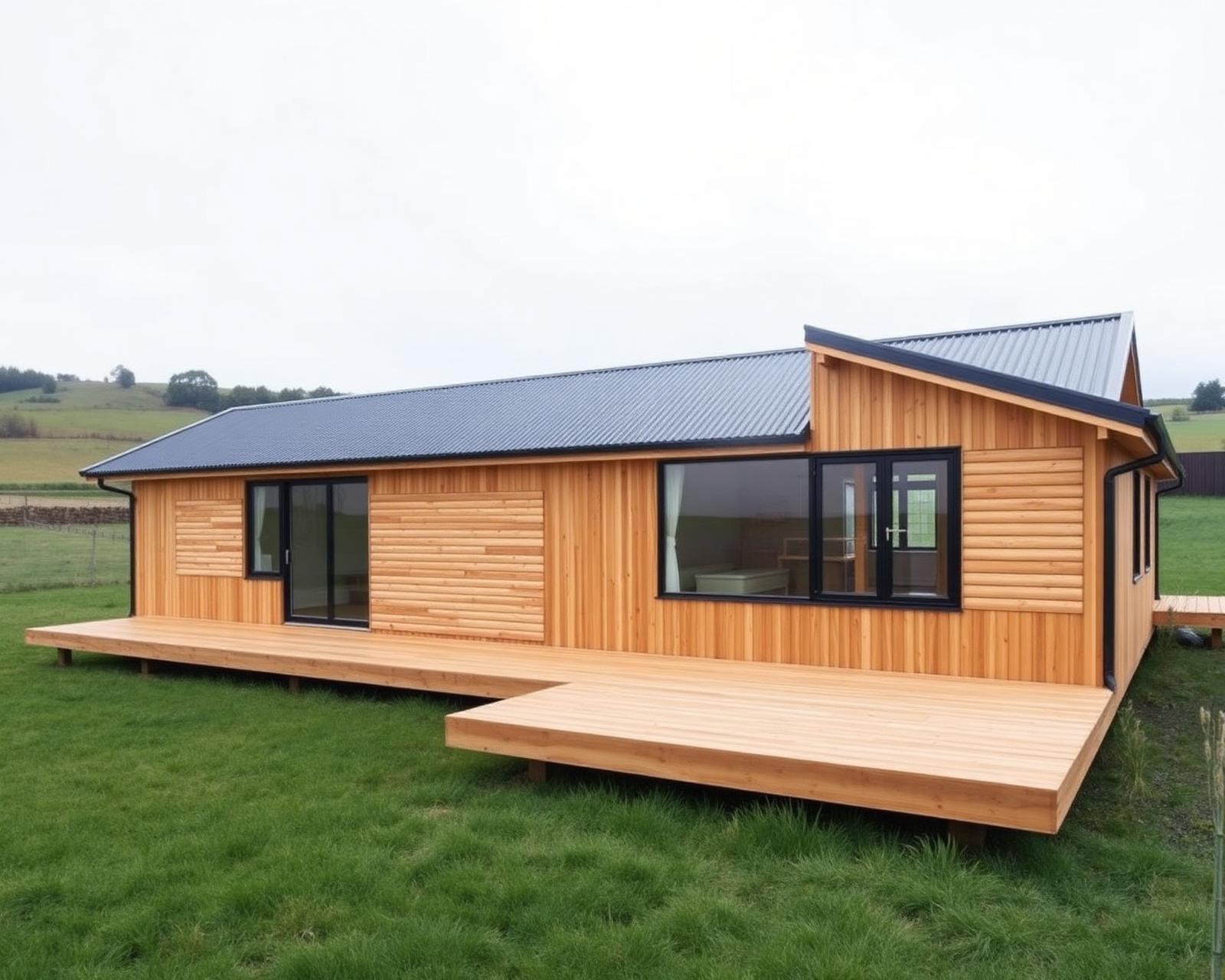 Single-storey solid timber home with long deck on rural New Zealand pasture