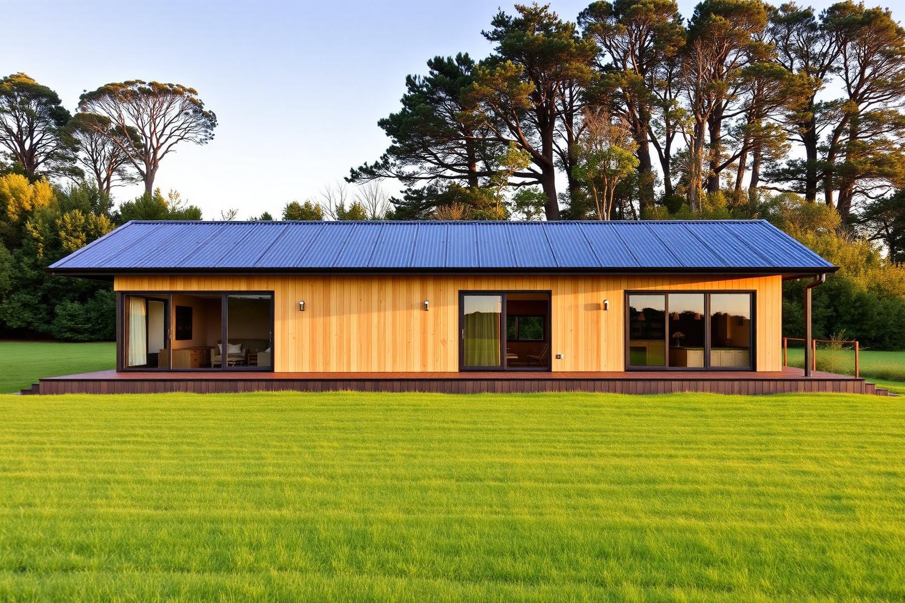 The Kauri — a single-storey solid timber home on a green lawn with mature trees behind