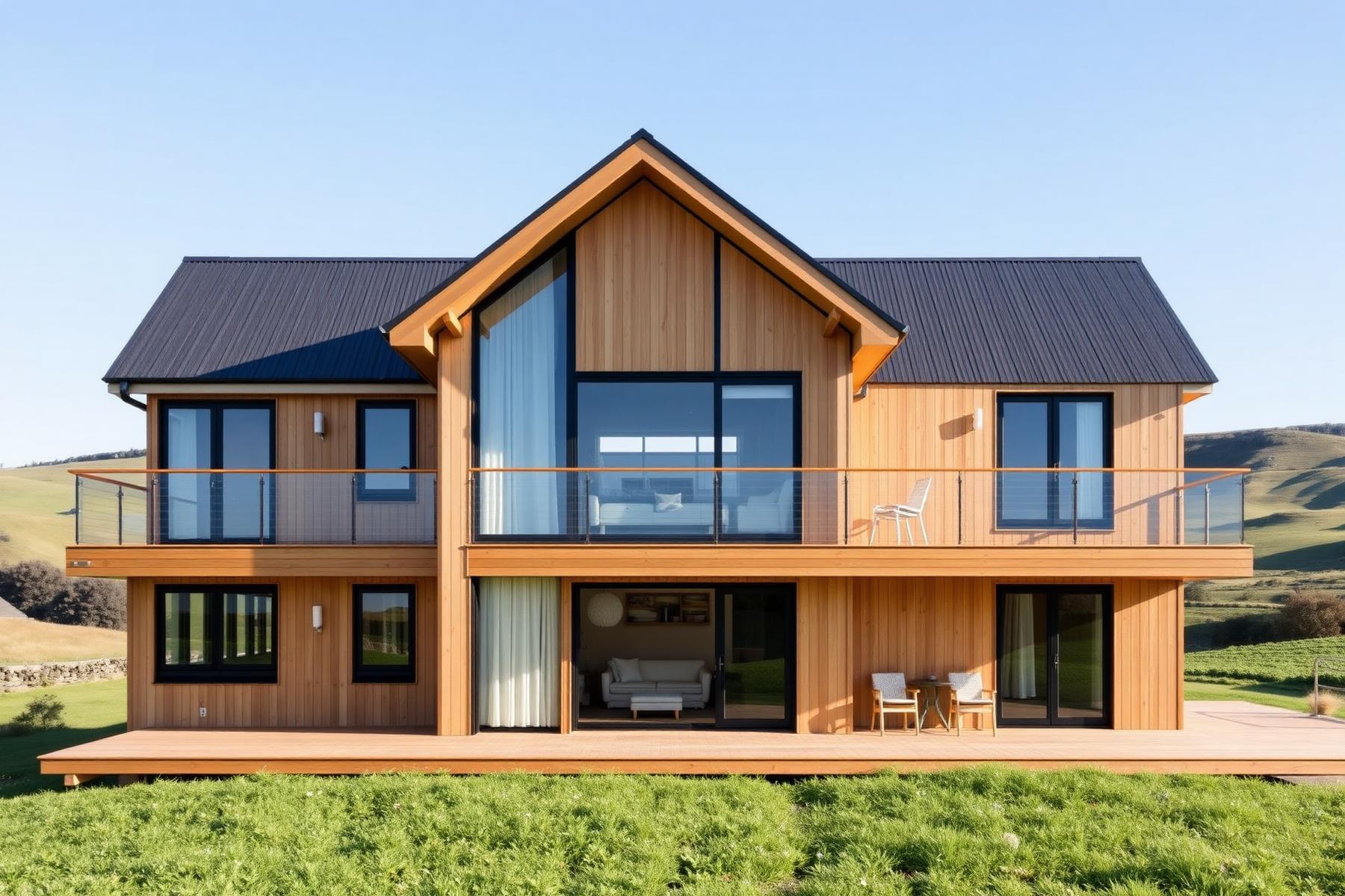The Tāne — a two-storey solid timber family home with a tall gabled glass wall and wraparound deck