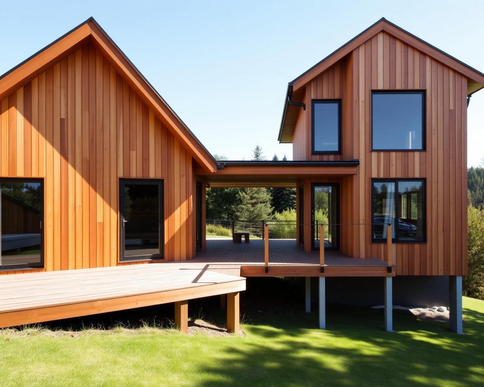 Two-storey solid timber family home with gabled roof and wraparound deck