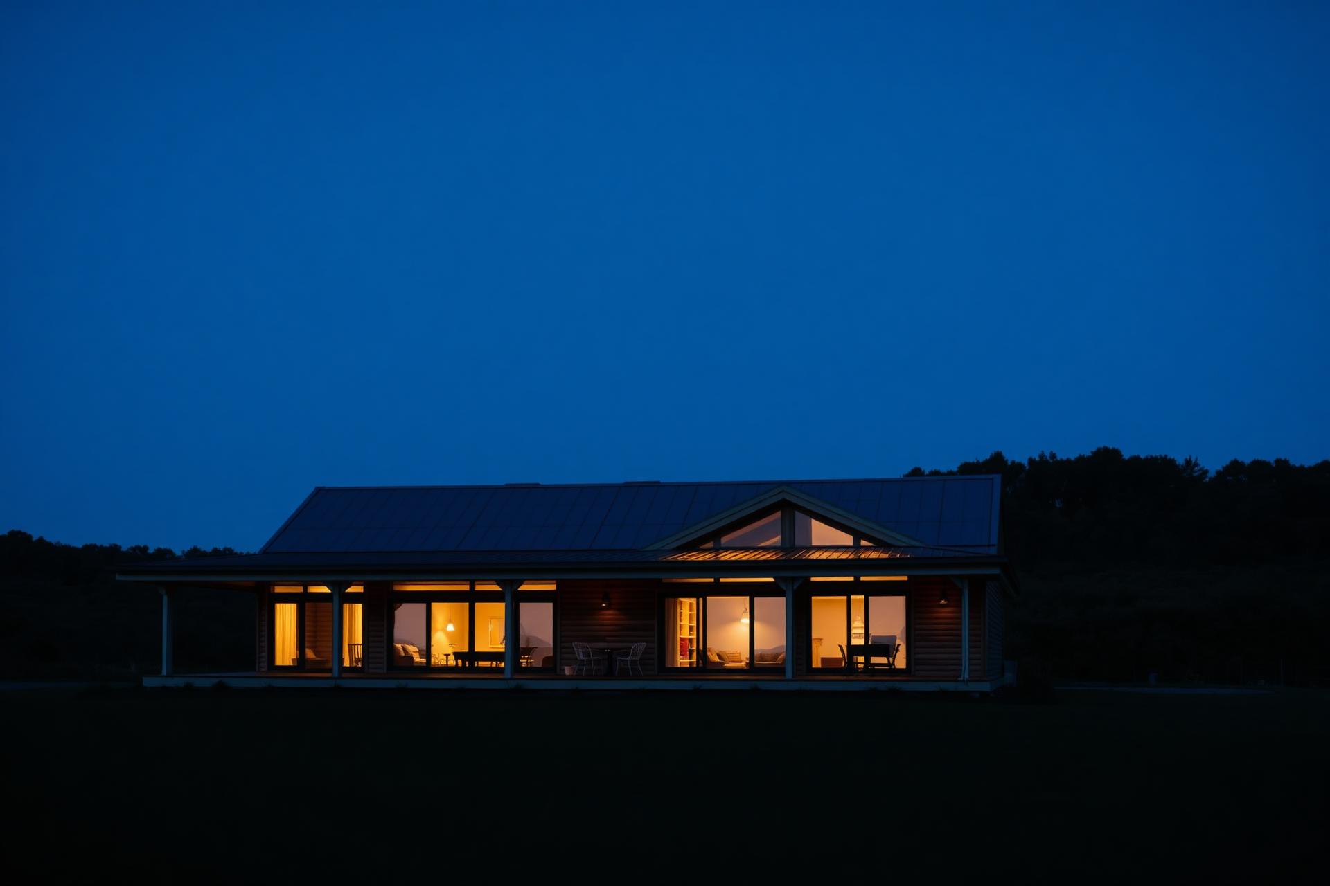 Completed timber home glowing at dusk in rural New Zealand